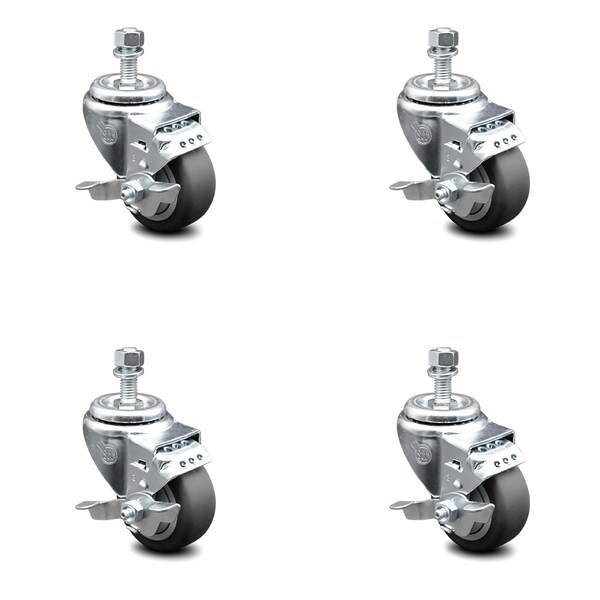 3 Inch Thermoplastic Rubber Swivel 12mm Threaded Stem Caster Set with Brake